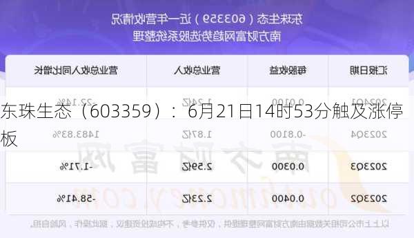 东珠生态（603359）：6月21日14时53分触及涨停板