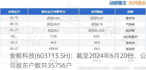 金能科技(603113.SH)：截至2024年6月20日，公司股东户数共35756户