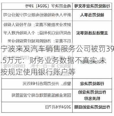 宁波来发汽车销售服务公司被罚39.5万元：财务业务数据不真实 未按规定使用银行账户等