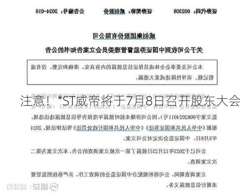 注意！*ST威帝将于7月8日召开股东大会