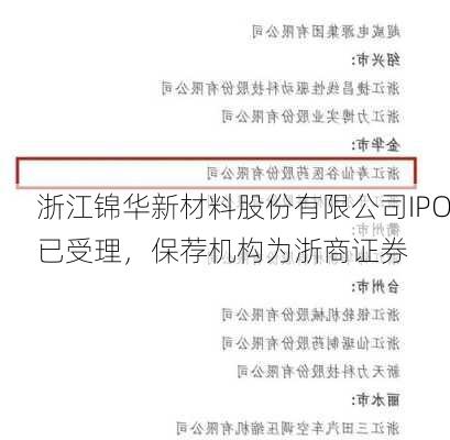 浙江锦华新材料股份有限公司IPO已受理，保荐机构为浙商证券