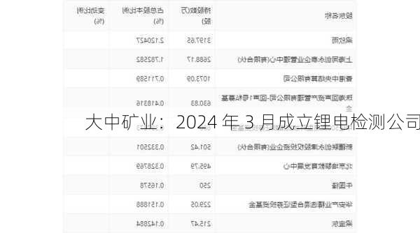 大中矿业：2024 年 3 月成立锂电检测公司