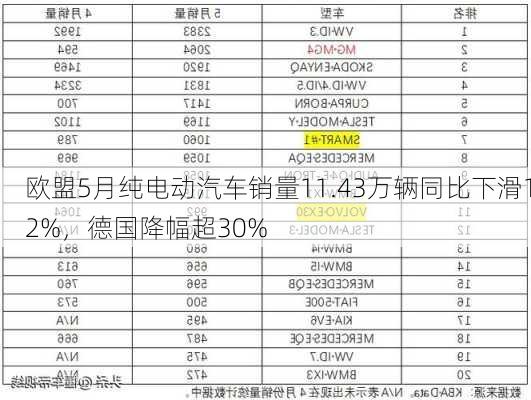 欧盟5月纯电动汽车销量11.43万辆同比下滑12%，德国降幅超30%