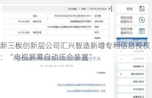 新三板创新层公司汇兴智造新增专利信息授权：“电视屏幕自动压合装置”