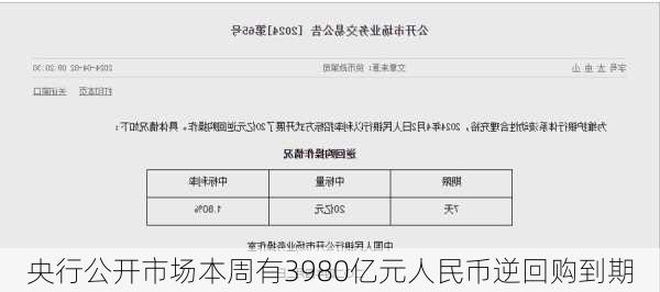 央行公开市场本周有3980亿元人民币逆回购到期