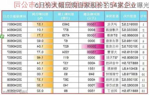 6月份大幅回购自家股份的54家企业曝光