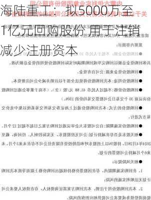 海陆重工：拟5000万至1亿元回购股份 用于注销减少注册资本