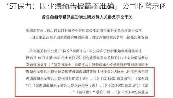 *ST保力：因业绩预告披露不准确，公司收警示函