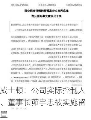 威士顿：公司实际控制人、董事长茆宇忠被实施留置