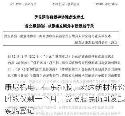 康尼机电、仁东控股、宏达新材诉讼时效仅剩一个月，受损股民仍可发起索赔登记