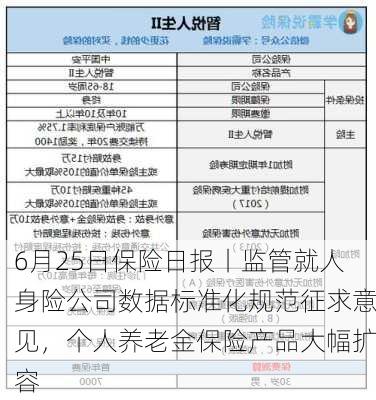 6月25日保险日报丨监管就人身险公司数据标准化规范征求意见，个人养老金保险产品大幅扩容