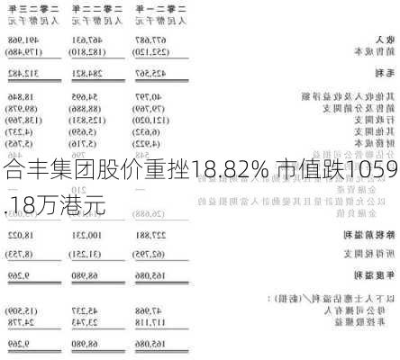 合丰集团股价重挫18.82% 市值跌1059.18万港元