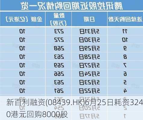 新百利融资(08439.HK)6月25日耗资3240港元回购8000股