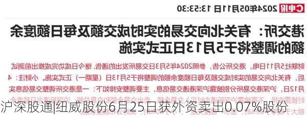 沪深股通|纽威股份6月25日获外资卖出0.07%股份