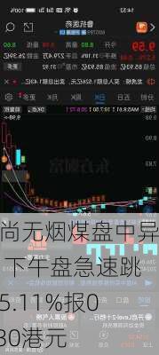 飞尚无烟煤盘中异动 下午盘急速跳水5.11%报0.130港元