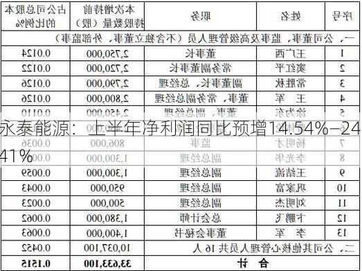 永泰能源：上半年净利润同比预增14.54%―24.41%