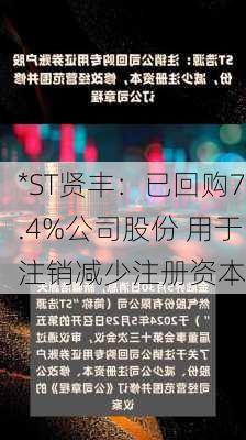 *ST贤丰：已回购7.4%公司股份 用于注销减少注册资本