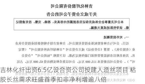 吉林化纤出资6.5亿设合资公司投建人造丝项目 粘胶长丝需求旺盛首季扣非净利增逾八倍