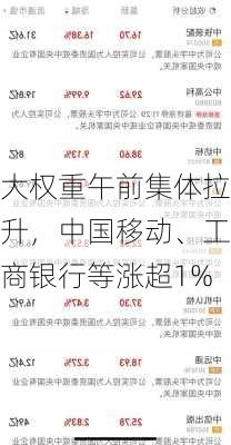 大权重午前集体拉升，中国移动、工商银行等涨超1%