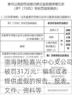 渤海财险嘉兴中心支公司被罚31万元：编制或者提供虚假的报告、报表、文件、资料等