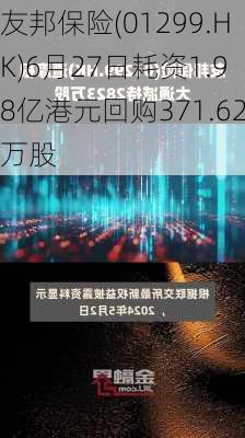 友邦保险(01299.HK)6月27日耗资1.98亿港元回购371.62万股