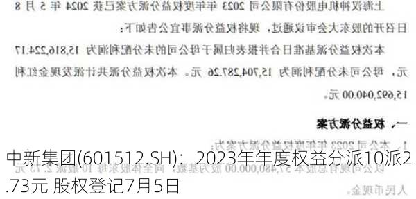 中新集团(601512.SH)：2023年年度权益分派10派2.73元 股权登记7月5日