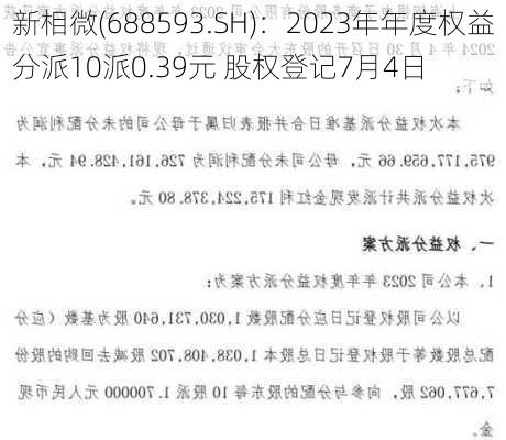 新相微(688593.SH)：2023年年度权益分派10派0.39元 股权登记7月4日