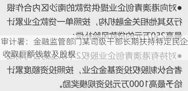 审计署：金融监管部门某司级干部长期扶持特定民企 收取巨额钱款及股权