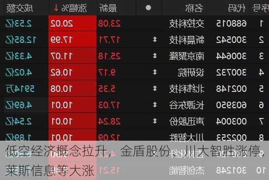 低空经济概念拉升，金盾股份、川大智胜涨停，莱斯信息等大涨