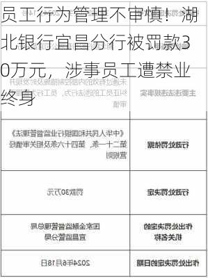 员工行为管理不审慎！湖北银行宜昌分行被罚款30万元，涉事员工遭禁业终身