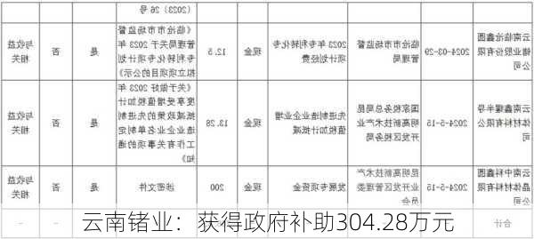 云南锗业：获得政府补助304.28万元