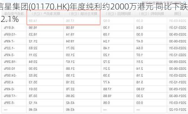 信星集团(01170.HK)年度纯利约2000万港元 同比下跌62.1%