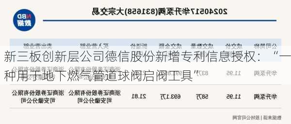 新三板创新层公司德信股份新增专利信息授权：“一种用于地下燃气管道球阀启阀工具”