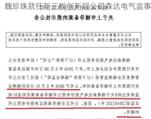 魏珍珠就任新三板创新层公司森达电气监事