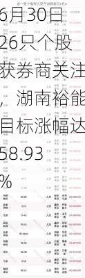 6月30日26只个股获券商关注，湖南裕能目标涨幅达58.93%