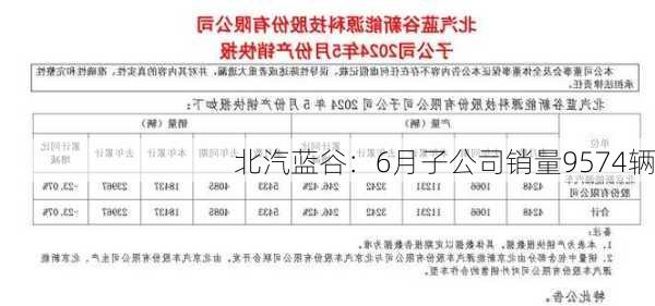 北汽蓝谷：6月子公司销量9574辆