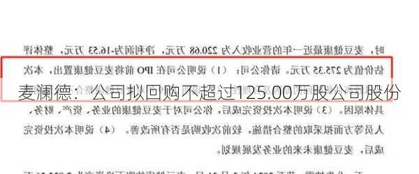 麦澜德：公司拟回购不超过125.00万股公司股份