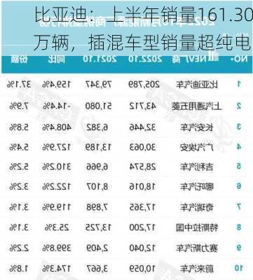 比亚迪：上半年销量161.30万辆，插混车型销量超纯电