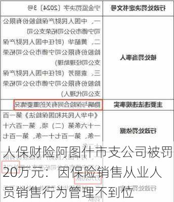 人保财险阿图什市支公司被罚20万元：因保险销售从业人员销售行为管理不到位