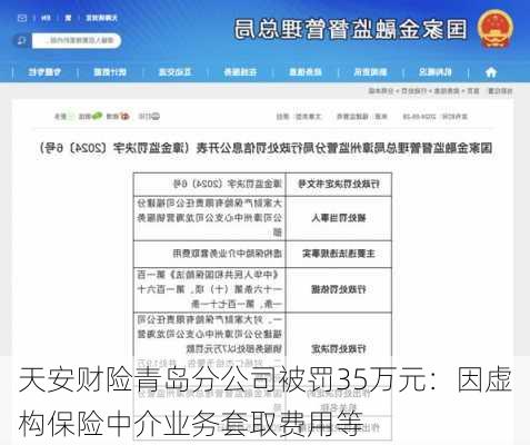 天安财险青岛分公司被罚35万元：因虚构保险中介业务套取费用等