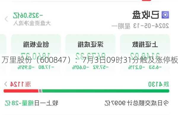 万里股份（600847）：7月3日09时31分触及涨停板