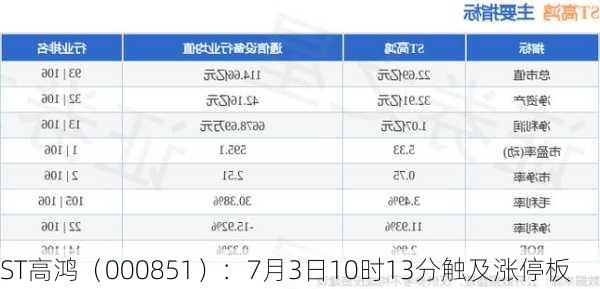 ST高鸿（000851）：7月3日10时13分触及涨停板