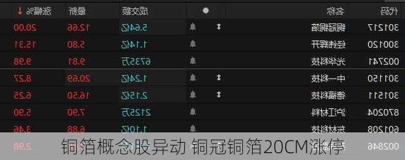 铜箔概念股异动 铜冠铜箔20CM涨停