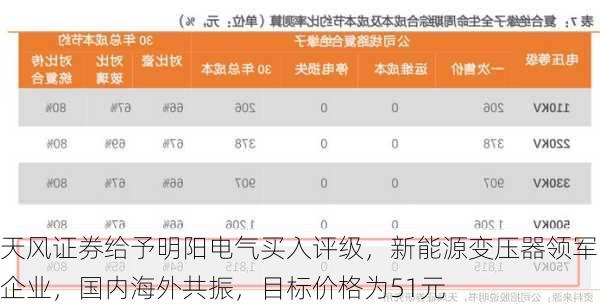 天风证券给予明阳电气买入评级，新能源变压器领军企业，国内海外共振，目标价格为51元