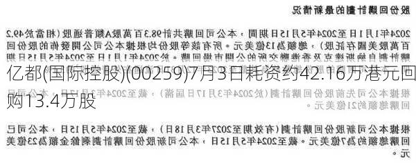 亿都(国际控股)(00259)7月3日耗资约42.16万港元回购13.4万股