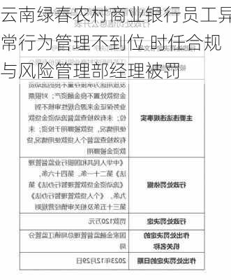 云南绿春农村商业银行员工异常行为管理不到位 时任合规与风险管理部经理被罚