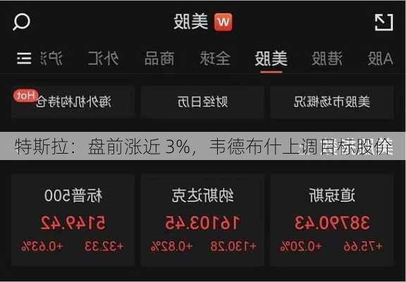 特斯拉：盘前涨近 3%，韦德布什上调目标股价