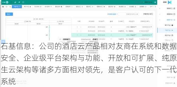 石基信息：公司的酒店云产品相对友商在系统和数据安全、企业级平台架构与功能、开放和可扩展、纯原生云架构等诸多方面相对领先，是客户认可的下一代系统