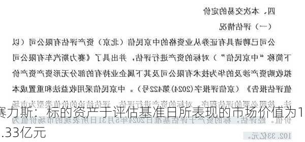 赛力斯：标的资产于评估基准日所表现的市场价值为102.33亿元