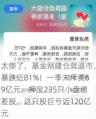 太惨了，基金刚建仓就退市，暴跌近81%！一季末斥资69亿元，押宝235只小盘绩差股，这只股巨亏近120亿元